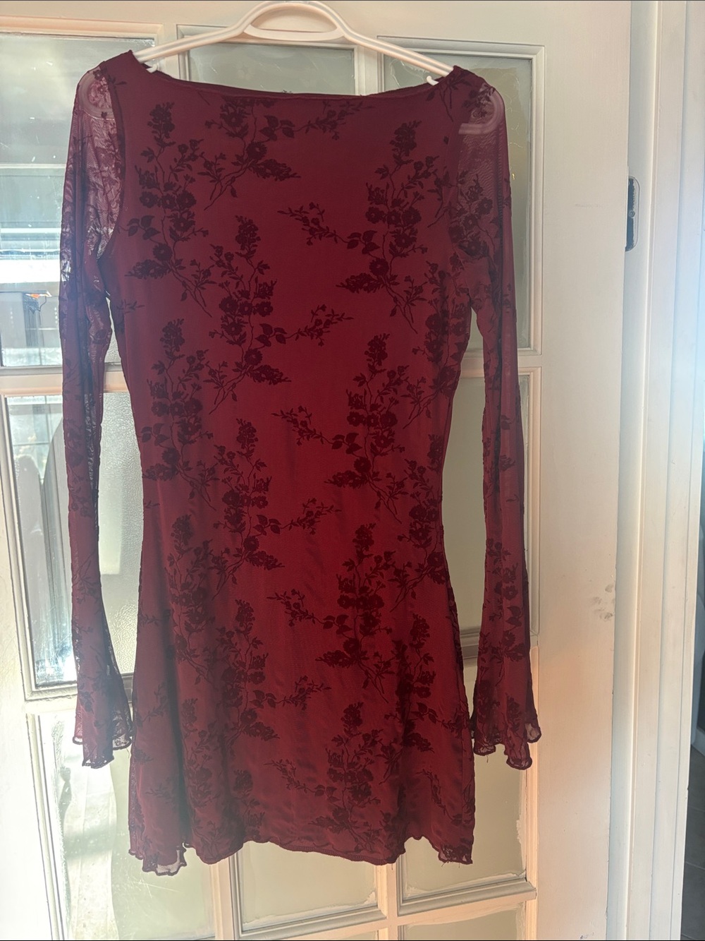 Women's Burgundy Floral Mesh Long-Sleeve Dress